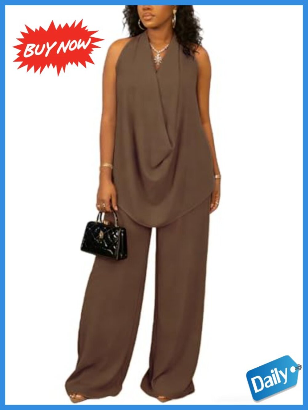 Women's 2 Piece Halter Top Wide Leg Pants Set Polyester Sleeveless